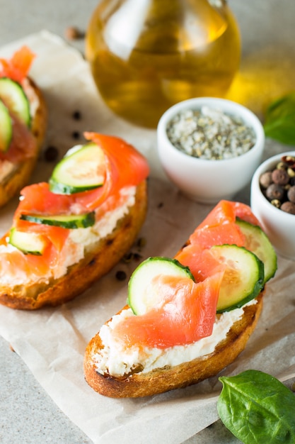 Salmon, cucumber and cream cheese bruschetta. 