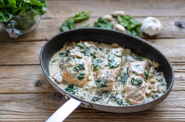 Salmon fillet by Florentine with creamy sauce on the top, mushrooms, garlic and spinach