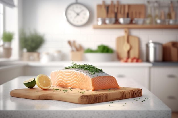 Salmon fillet cooked on a cedar plank served on a white table with blurred modern kitchen background