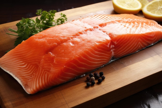 A salmon fillet sits on a cutting board with a lemon and spices.