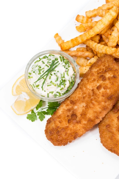 Salmon Fillet with Chips isolated on white