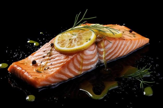 A salmon fillet with lemon and dill on it