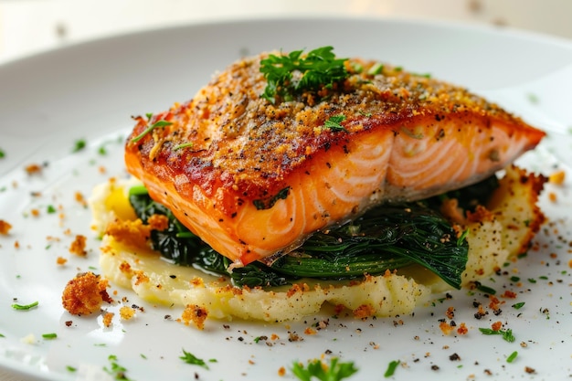 Salmon Fillet with Roasted Spinach and Baked Celery Root Mousse on White Plate Red Fish or Trout Meat