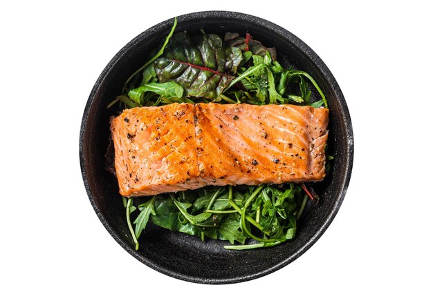 Salmon fillets grilled steaks in skillet with herbs Isolated on white background