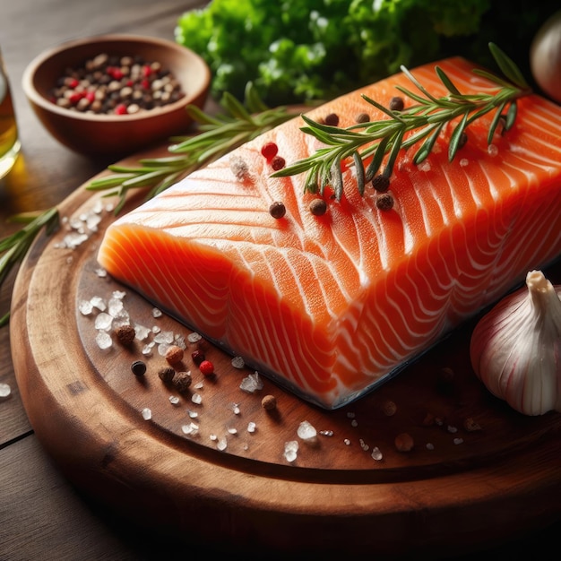 salmon fish with herbs and spices on a cutting board