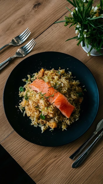 Salmon fried rice on a black plate on the dining table