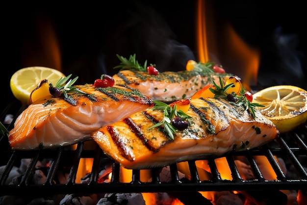 Salmon on a grill with a fire in the background