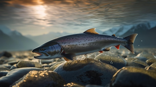 A salmon is swimming in the water with the sun setting behind it.