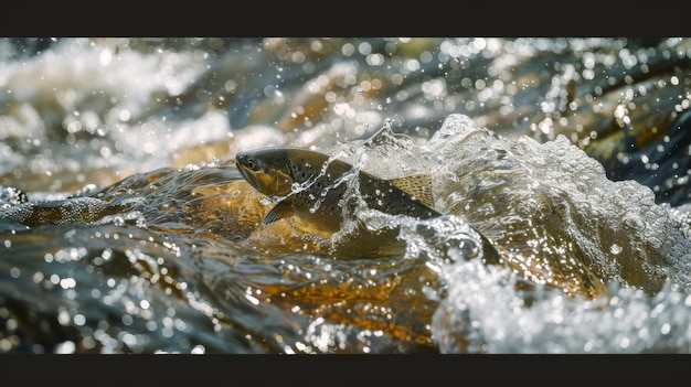 Salmon Leaping Upstream in Raging River