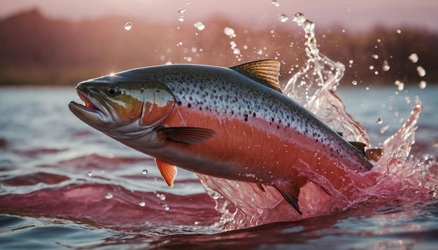 A salmon leaps energetically from the waters of a river with a dynamic splash