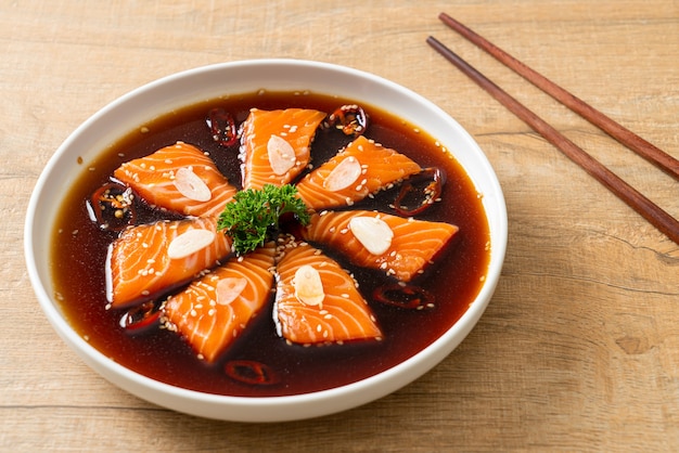 Salmon marinated shoyu or salmon pickled soy sauce in Korean style