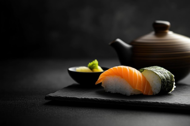 Photo salmon nigiri and maki sushi with teapot on black stone background