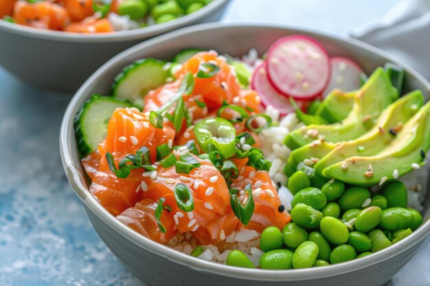 Salmon poke bowl with avocado and edamame beans