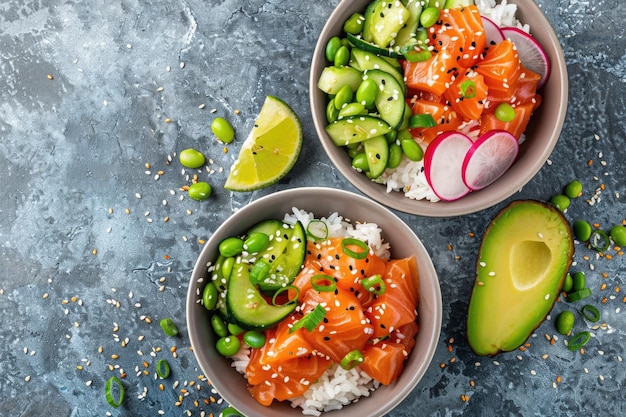 Salmon poke bowl with avocado and edamame beans