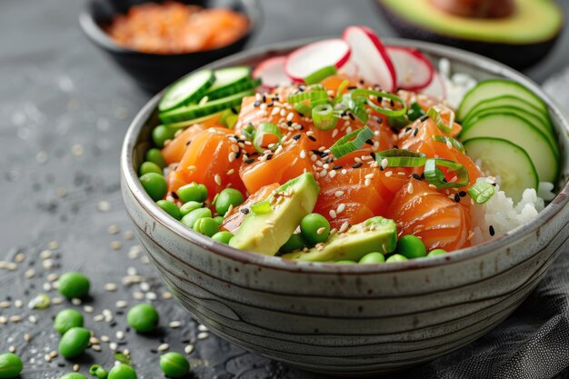 Salmon poke bowl with avocado rice and veggies