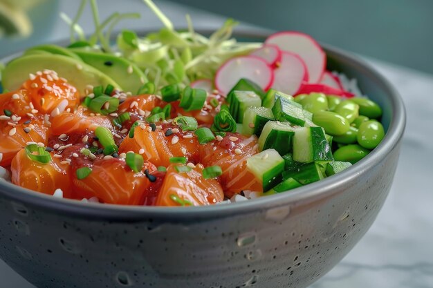 Salmon poke bowl with avocado rice and veggies