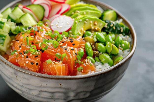 Salmon poke bowl with avocado rice and veggies