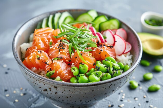 Salmon poke bowl with avocado rice and veggies