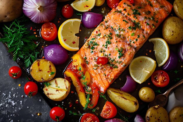 Salmon Potatoes and Fresh Vegetables Healthy Recipe