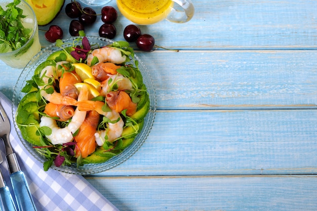 Salmon and prawn summer salad top view