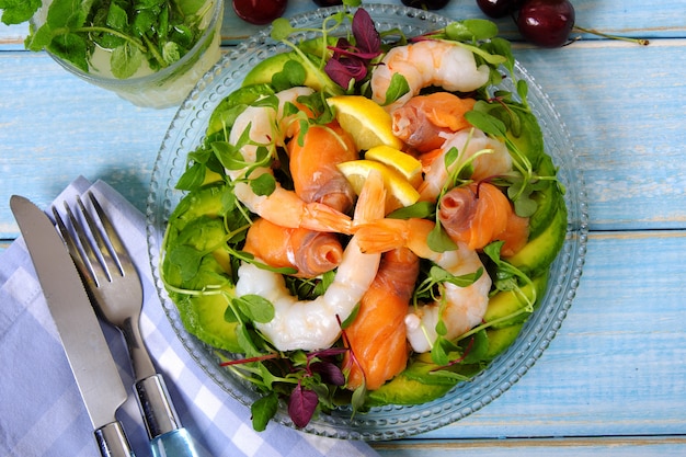 Salmon and prawn summer salad top view