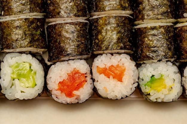 Salmon roll. Rolls with salmon, cucumber and avocado.