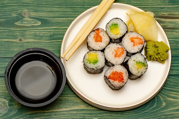 Salmon roll. Rolls with salmon, cucumber and avocado.