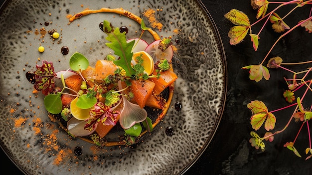 Salmon Salad on a Black Plate with Garnish