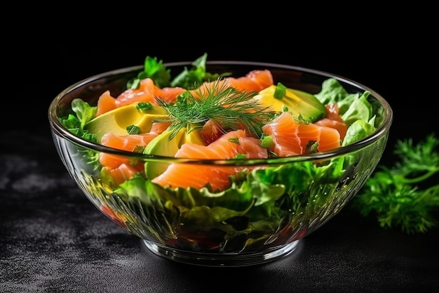 Salmon salad with avocado in glass bowl on black stone background