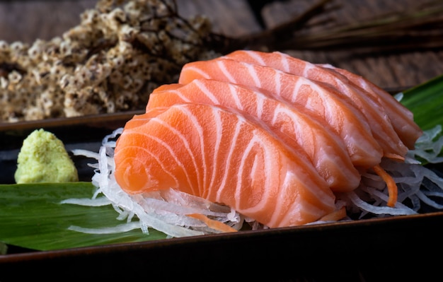 Salmon sashimi japanese style cut.