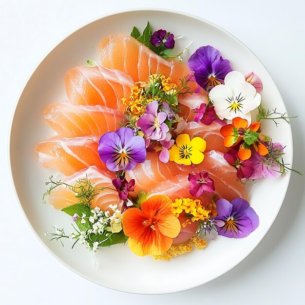 Photo salmon sashimi with edible flowers on a white plate