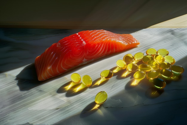 Salmon slice beside Omega3 capsules