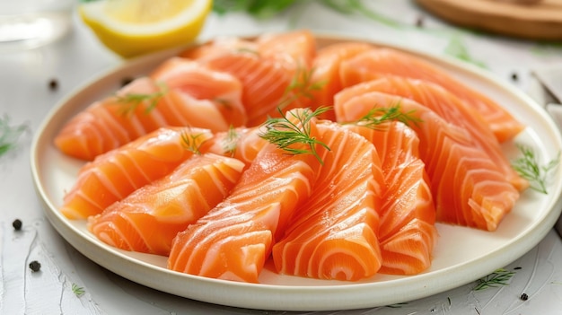 Salmon slices served on a white plate with dill and lemon