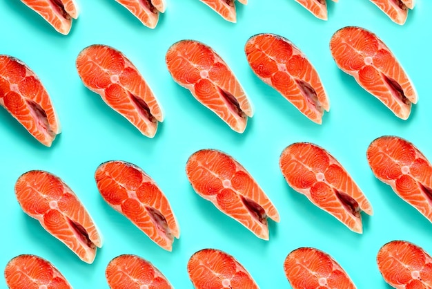 Salmon steak pattern, conceptual salmon background, flat lay composition