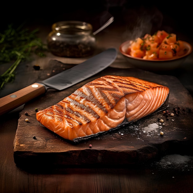 A salmon steak sits on a cutting board next to a bowl of vegetables.