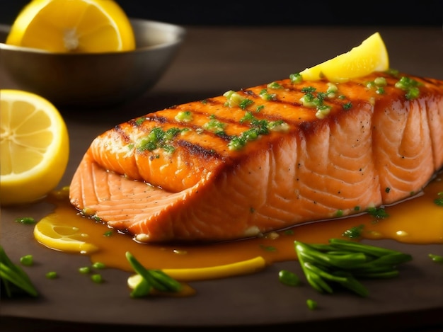 Salmon steak with Lemon Butter Sauce Generative AI Illustration