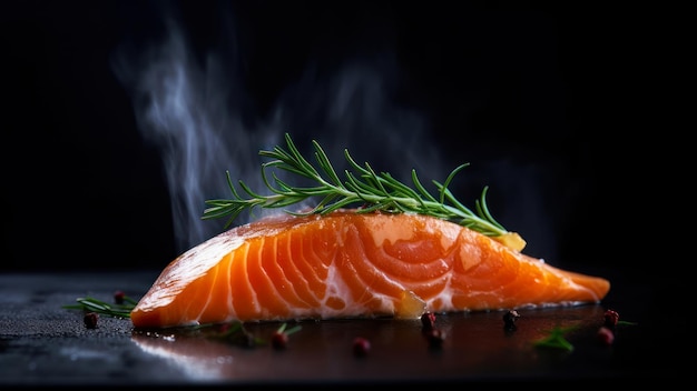 A salmon steak with a sprig of rosemary on top