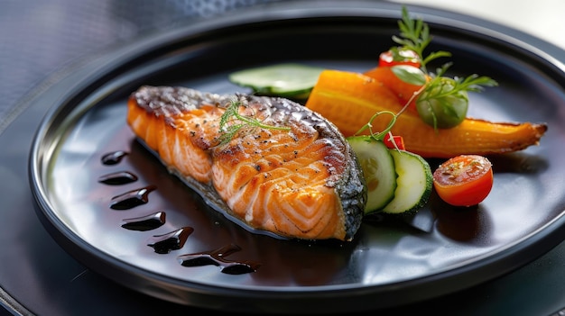 Salmon steak with vegetables on black plate photographer shot at restaurant