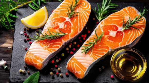 Salmon steaks on a black stone surface with lemons and herbs