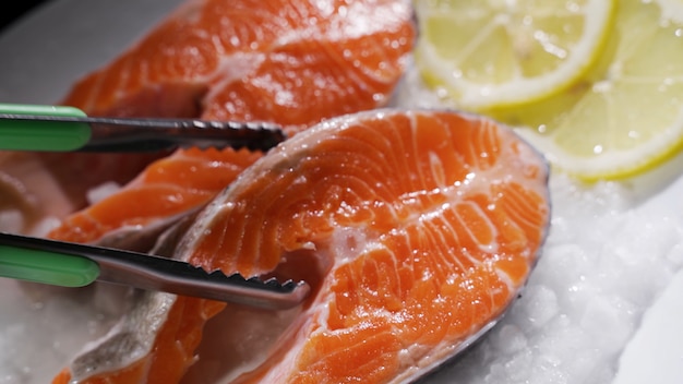 Salmon steaks and salmon fillet fresh salmon steaks and fillet are laid out on ice