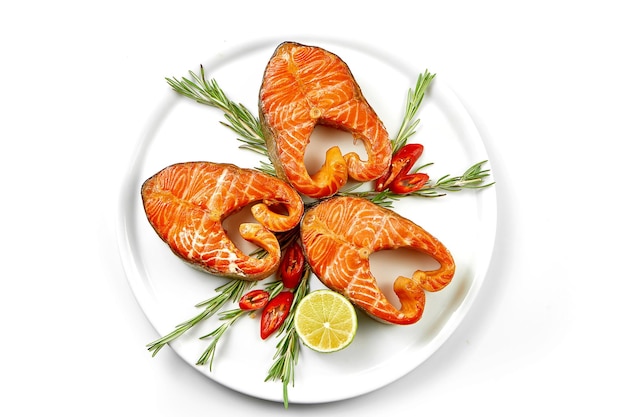 Salmon steaks in a white plate on a white background Closeup selective focus