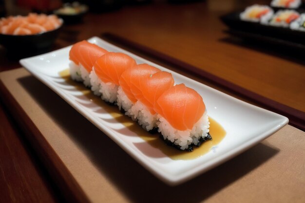 Salmon sushi on a plate with rice and sauce