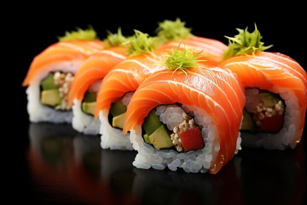 Salmon sushi rolls isolated on black table