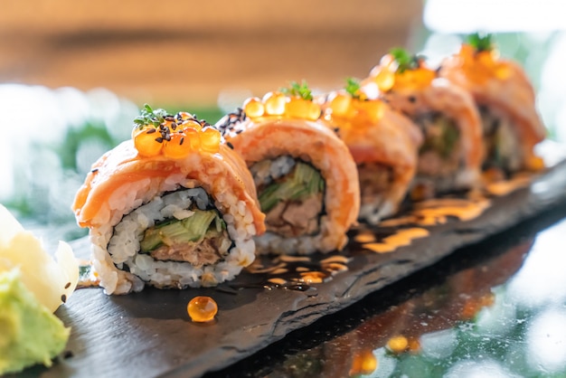 salmon sushi rolls with foie gras