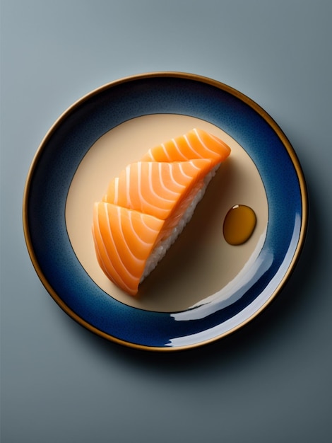 Salmon sushi with sauce on ceramic plate japanese traditional food Generative AI