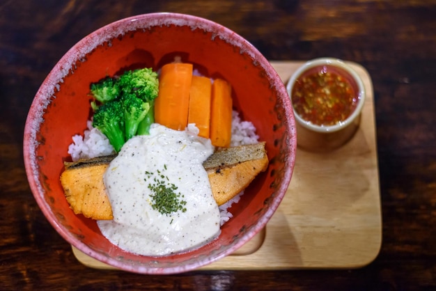 Salmon Teriyaki with vegetables on Japanese Rice bowl