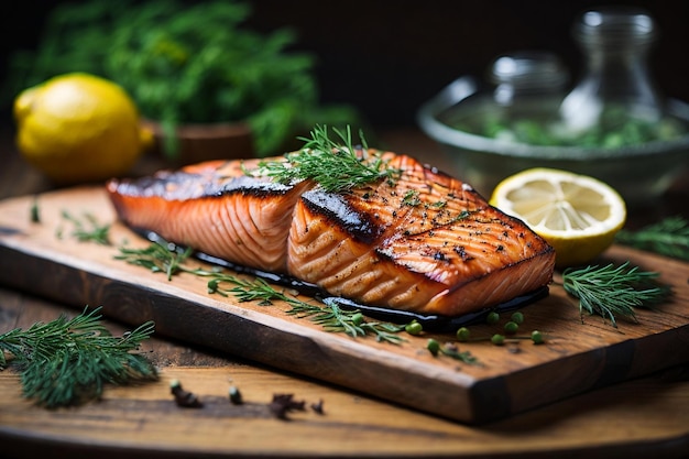 salmon vegetables herbs plate food dark background