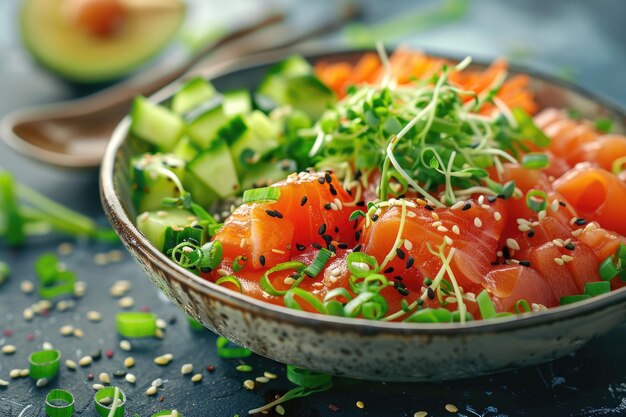 Salmon and veggie poke bowl with green onions and microgreens