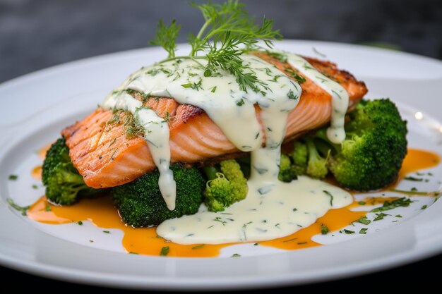 Photo salmon with garlic herb butter and broccoli