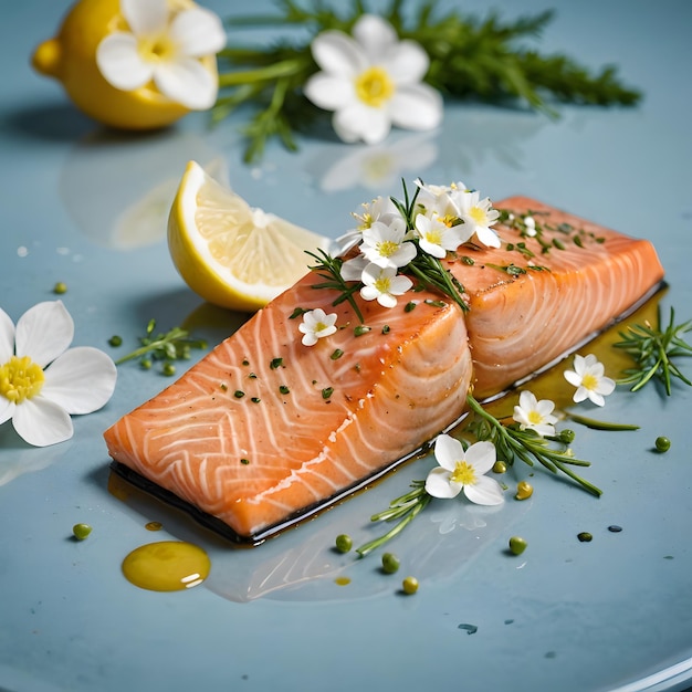 Salmon with Lemon and Flowers